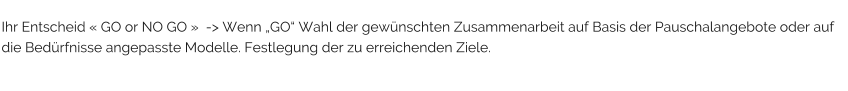 Ihr Entscheid « GO or NO GO »  -> Wenn „GO“ Wahl der gewünschten Zusammenarbeit auf Basis der Pauschalangebote oder auf die Bedürfnisse angepasste Modelle. Festlegung der zu erreichenden Ziele.