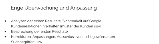 Enge Überwachung und Anpassung  •	Analysen der ersten Resultate (Sichtbarkeit auf Google, Kundenreaktionen, Verhaltensmuster der Kunden usw.) •	Besprechung der ersten Resultate. •	Korrekturen, Anpassungen, Ausschluss von nicht gewünschten Suchbegriffen usw.